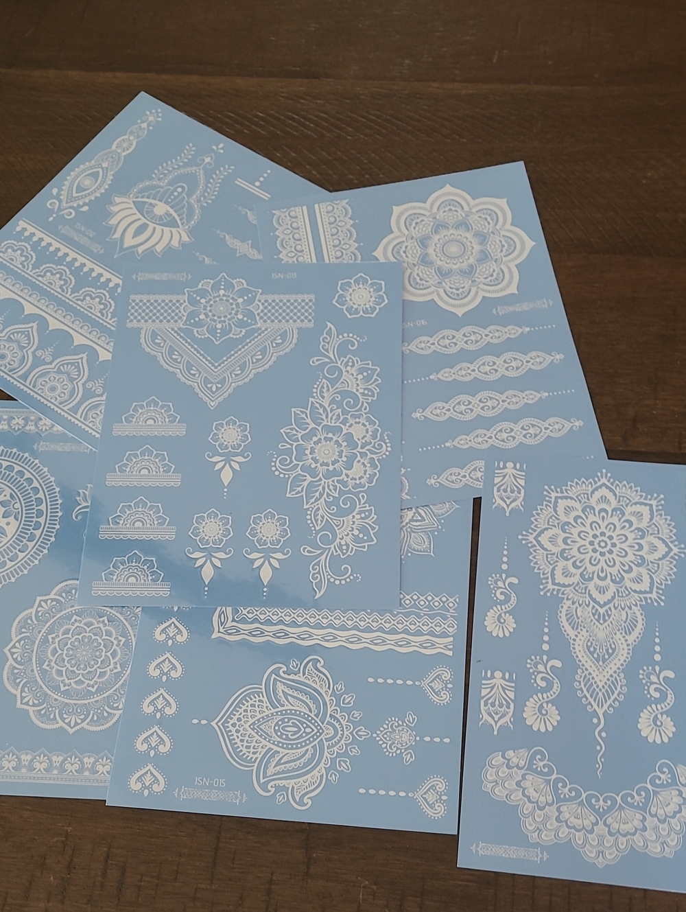 White Henna-Style Temporary Tattoo Sticker Set - Blue Backing
